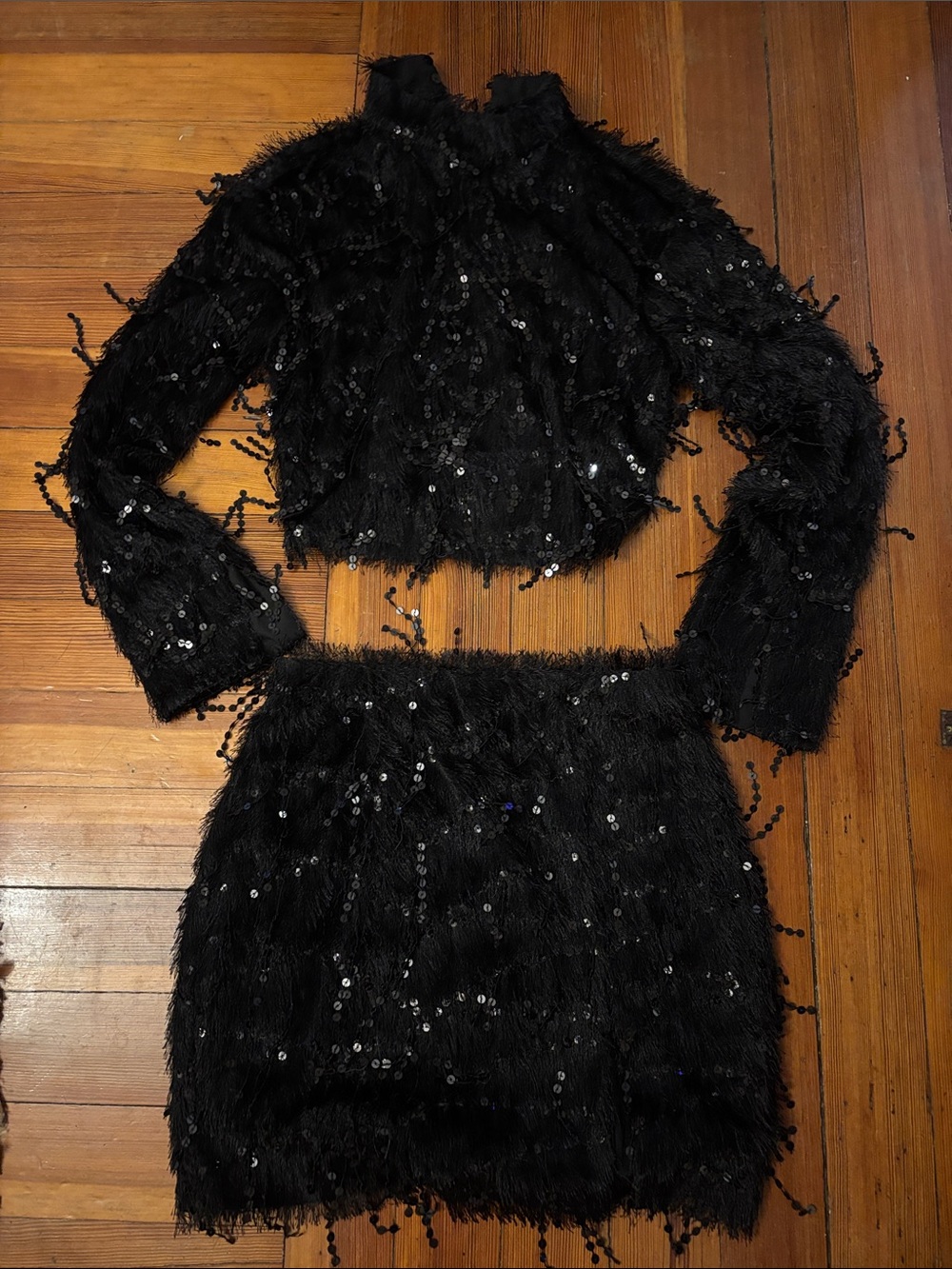 H&M Black Sequin Fringe Cropped Top & Skirt Set - Women